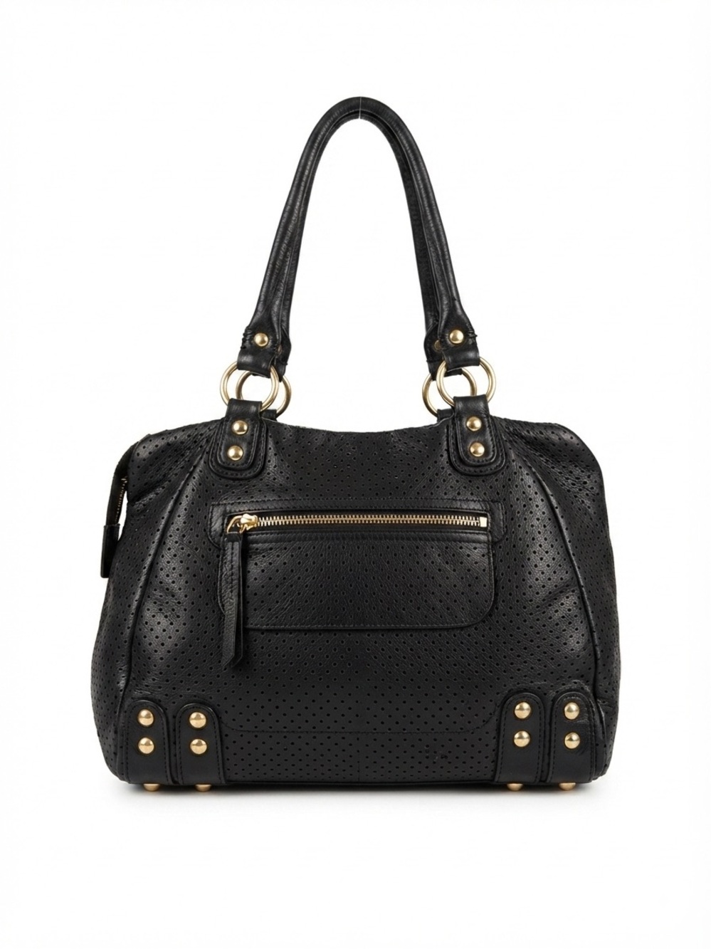 Linea Pelle Black Perforated Italian Leather Handbag Satchel Gold Hardware